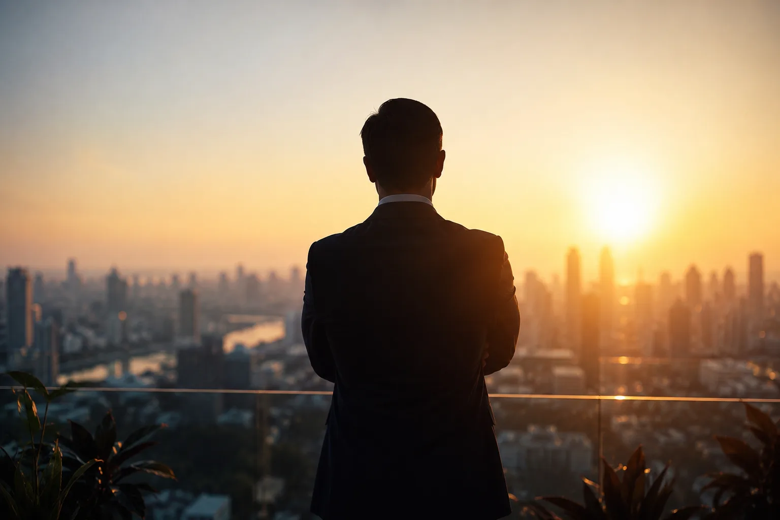 Líder observando o horizonte da cidade ao amanhecer — visão e preparo para acelerar a mudança