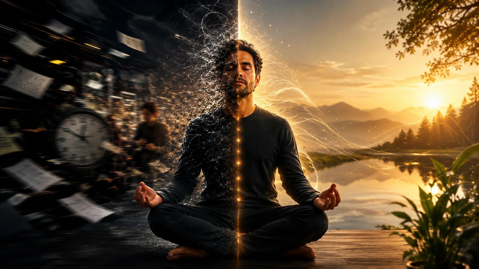 Homem meditando entre o caos da rotina e a serenidade do amanhecer — a meditação como ponte entre ansiedade e clareza